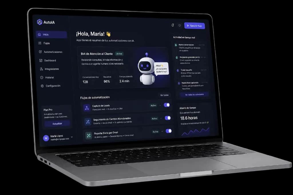 AI automations dashboard with workflows and customer service bot on a laptop